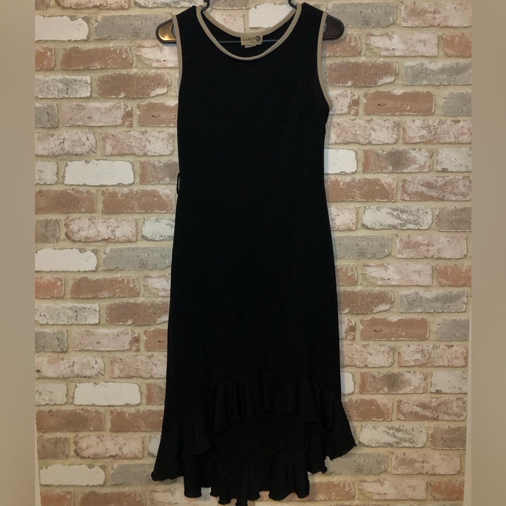 Luly K NewYork City Black With Tan Trim Women's Dress Size Large Midi
